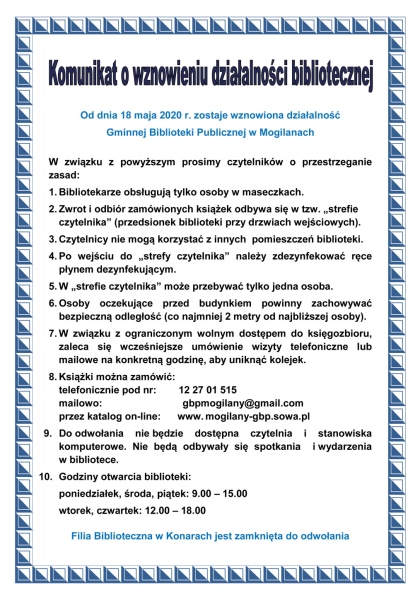 Komunikat o wznowieniu działalności bibliotecznej