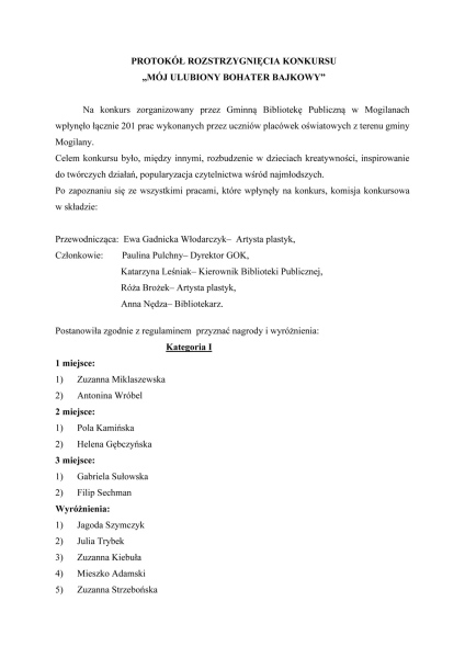 Mój ulubiony bohater książkowy - rozstrzygnięcie