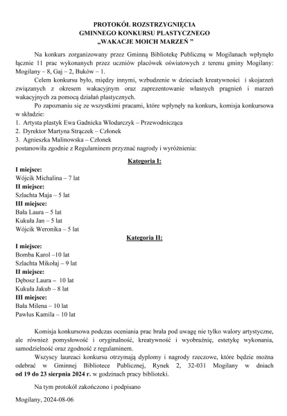 Rozstrzygnięcie konkursku plastycznego ''Wakacje moich marzeń''